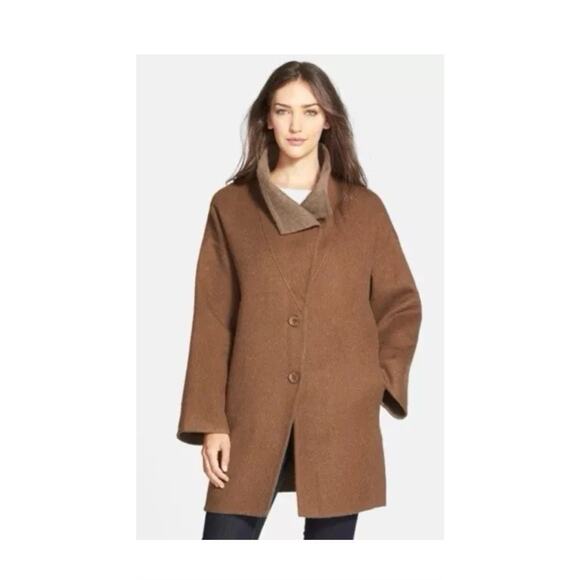 Eileen Fisher Brown Alpaca Wool Silk Blend Oversize Shawl Collar Coat  Sz XS - Picture 2 of 16